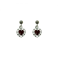 Silver 11x7mm filagree heart dropper Earrings set with Garnet