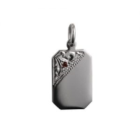 Silver 18x12mm hand engraved cut corner set with garnet rectangular Disc