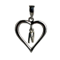 Silver 18x18mm heart with a hanging Initial 'N' with bail