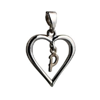Silver 18x18mm heart with a hanging Initial 'P' with bail