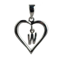 Silver 18x18mm heart with a hanging Initial 'W' with bail