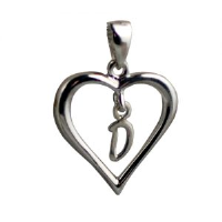 Silver 18x18mmheart with a hanging Initial 'D' with bail