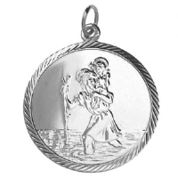 Silver 25mm diamond cut edge round St Christopher Pendant