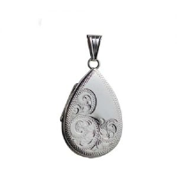 Silver 28x19mm half hand engraved flat teardrop Locket
