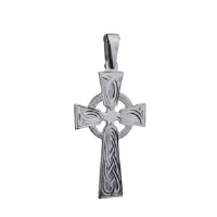 Silver 44x26mm hand engraved knot pattern Celtic Cross with bail