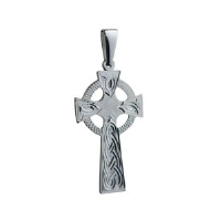Silver 45x20mm hand engraved knot pattern Celtic Cross with bail