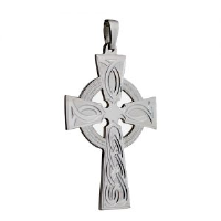 Silver 50x36mm hand engraved knot pattern Celtic Cross