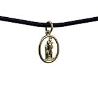 1/20th 14ct yellow gold on Silver 14x11mm oval pierced St Christopher Pendant with a 2mm wide Leather Pendant Cord 18 inches