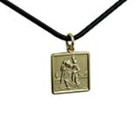 1/20th 14ct yellow gold on Silver 17mm square St Christopher Pendant with a 2mm wide Leather Pendant Cord 22 inches