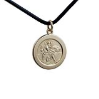 1/20th 14ct yellow gold on Silver 21mm round St Christopher Pendant with a 2mm wide Leather Pendant Cord