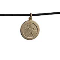 1/20th 14ct yellow gold on Silver 21mm round St Christopher Pendant with car boat train plane on back with a 2mm wide Leather Pendant Cord 18 inches