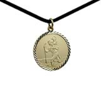 1/20th 14ct yellow gold on Silver 25mm round diamond cut edge St Christopher Pendant with a 2mm wide Leather Pendant Cord