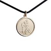 1/20th 14ct yellow gold on Silver 25mm round St Christopher Pendant with a 2mm wide Leather Pendant Cord