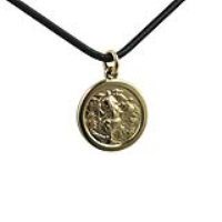 14ct Yellow gold on Silver 20mm round St Christopher Pendant with a 2mm wide Leather Pendant Cord 24 inches