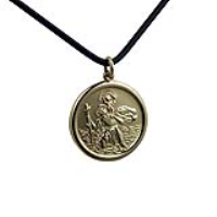 14ct Yellow gold on Silver 26mm round solid St Christopher Pendant with a 2mm wide Leather Pendant Cord 20 inches