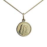 18ct Gold 13mm round Our Lady of Sorrows Pendant with a 1mm wide curb Chain