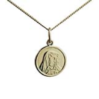 18ct Gold 13mm round Our Lady of Sorrows Pendant with a 1mm wide curb Chain 16 inches Only Suitable for Children