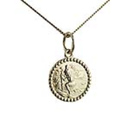 18ct Gold 13mm round St Christopher Pendant with a 1mm wide curb Chain 16 inches Only Suitable for Children