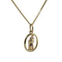 18ct Gold 14x11mm oval pierced St Christopher Pendant with a 1mm wide curb Chain