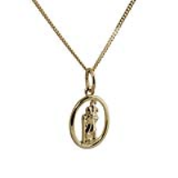 18ct Gold 14x11mm oval pierced St Christopher Pendant with a 1mm wide curb Chain 18 inches