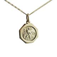 18ct Gold 15x15mm plain octagonal St Christopher Pendant with a 1mm wide curb Chain