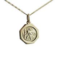 18ct Gold 15x15mm plain octagonal St Christopher Pendant with a 1mm wide curb Chain 18 inches