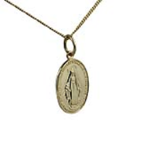 18ct Gold 16x11mm oval Miraculous Medallion Medal Pendant with a 1mm wide curb Chain