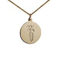 18ct Gold 19mm round hand engraved medical alarm symbol Disc Pendant with a 0.9mm wide spiga Chain