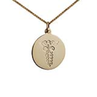 18ct Gold 19mm round hand engraved medical alarm symbol Disc Pendant with a 0.9mm wide spiga Chain 18 inches