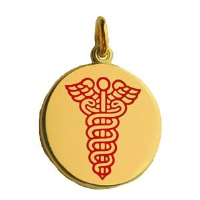 18ct Gold 19mm round medical alarm Disc Pendant with vitreous red enamel
