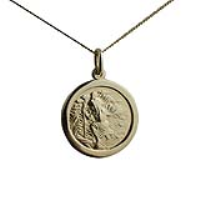 18ct Gold 20mm round St Christopher Pendant with a 1mm wide curb Chain