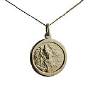 18ct Gold 20mm round St Christopher Pendant with a 1mm wide curb Chain 18 inches