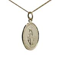 18ct Gold 20x16mm oval Miraculous Medallion Medal Pendant with a 1mm wide curb Chain