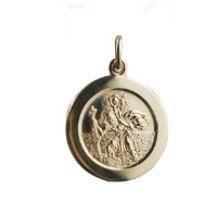 18ct Gold 21mm round St Christopher Pendant with car boat train plane on back