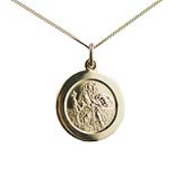 18ct Gold 21mm round St Christopher Pendant with car boat train plane on back with a 1mm wide curb Chain