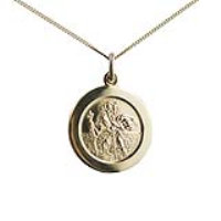 18ct Gold 21mm round St Christopher Pendant with car boat train plane on back with a 1mm wide curb Chain 16 inches Only Suitable for Children