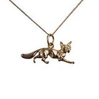 9ct Gold 10x25mm running Fox Pendant with a 0.6mm wide curb Chain