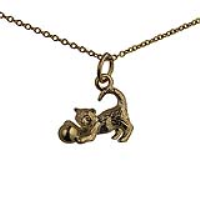 9ct Gold 11x19mm Cat playing with Ball Pendant with a 1.1mm wide cable Chain 16 inches Only Suitable for Children