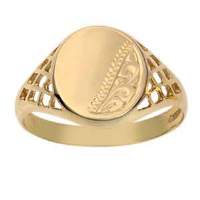9ct Gold 12x10mm gents engraved oval Signet Ring Sizes R-X