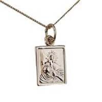 9ct Gold 12x10mm rectangular St Christopher Pendant with a 0.6mm wide curb Chain