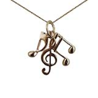 9ct Gold 12x5mm Musical Notes G Clef, Semi Quaver & Quaver Pendants with a 0.6mm wide curb Chain
