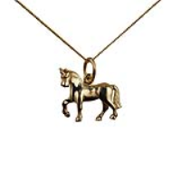 9ct Gold 13x15 unsaddled Horse Pendant with a 0.6mm wide curb Chain