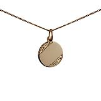 9ct Gold 13mm hand engraved round Disc Pendant with a 0.6mm wide curb Chain
