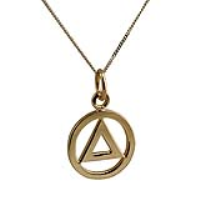 9ct Gold 13mm round Alcoholics Anonymous Pendant with a 0.6mm wide curb Chain
