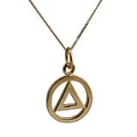 9ct Gold 13mm round Alcoholics Anonymous Pendant with a 0.6mm wide curb Chain 16 inches Only Suitable for Children