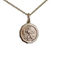 9ct Gold 13x13mm dodecagonal St Christopher Pendant with a 1.1mm wide cable Chain