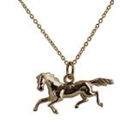 9ct Gold 13x26mm Running Horse Pendant with a 1.1mm wide cable Chain 16 inches Only Suitable for Children