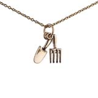 9ct Gold 13x5mm Gardners Fork and Trowel Pendant with a 1.1mm wide cable Chain
