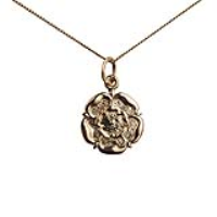 9ct Gold 14mm Tudor Rose of England Pendant with a 0.6mm wide curb Chain