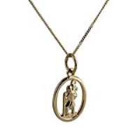 9ct Gold 14x11mm oval pierced St Christopher Pendant with a 0.6mm wide curb Chain